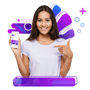 Smiling young woman in a white t-shirt holding a smartphone displaying an app, with vibrant graphic elements in the background.