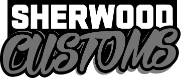 Logo of Sherwood Customs, featuring bold lettering in black and gray, representing a custom design brand.