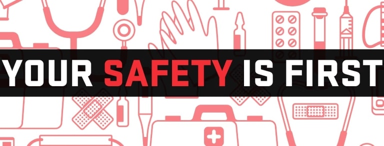 Graphic emphasizing the importance of safety in healthcare, featuring various medical icons such as stethoscopes, syringes, and first aid kits, with the text "YOUR SAFETY IS FIRST" prominently displayed.