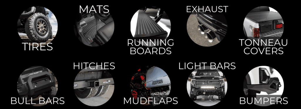 Image showcasing a range of truck accessories, including tires, mats, running boards, exhaust systems, tonneau covers, bull bars, hitches, mud flaps, light bars, and bumpers.