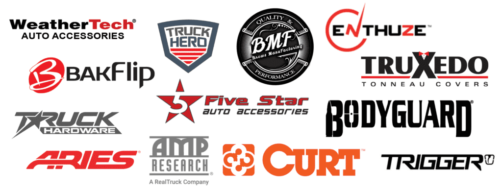 Collage of logos from popular auto accessory brands including WeatherTech, Truck Hero, BAKFlip, Five Star Auto Accessories, and CURT, showcasing a variety of truck accessories and components.