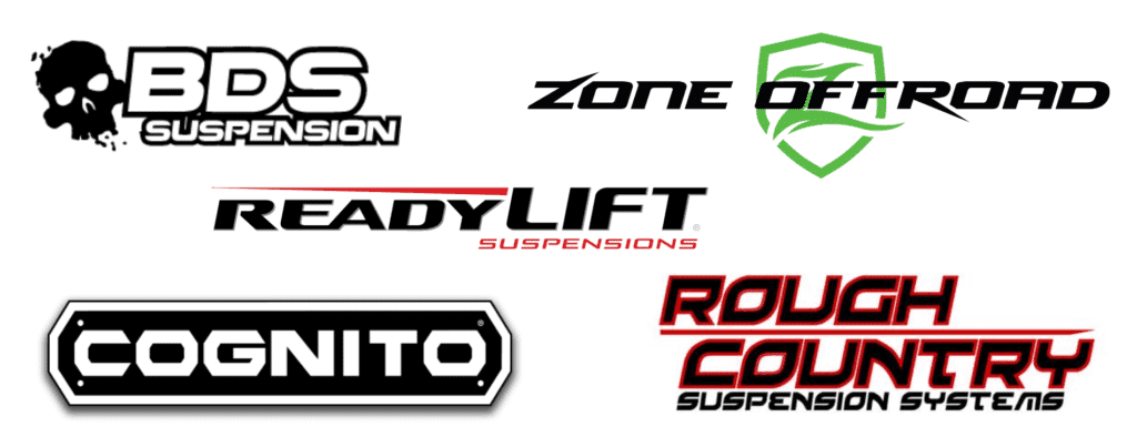 Logos of leading suspension brands including BDS Suspension, Zone Offroad, ReadyLIFT Suspensions, Cognito, and Rough Country Suspension Systems, showcasing their commitment to high-performance suspension solutions for trucks and off-road vehicles.