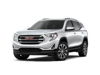 Silver GMC Terrain SUV with a sleek design and prominent front grille, showcasing modern styling and premium features. Ideal for families and outdoor adventures.