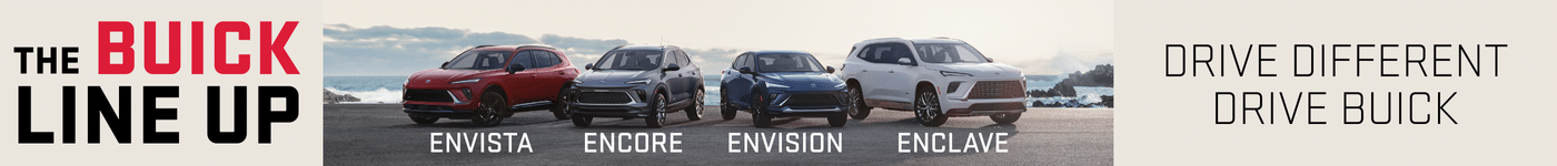 Buick lineup featuring the Envista, Encore, Envision, and Enclave SUVs against a scenic coastline backdrop, promoting the message "Drive Different, Drive Buick."