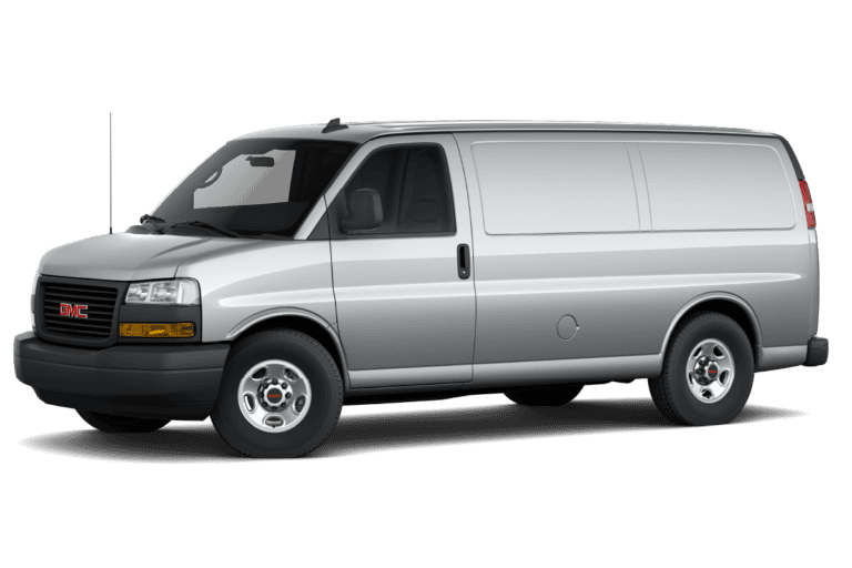 Silver GMC cargo van with a high roof and spacious interior, ideal for commercial use and transporting goods, showcasing a modern design and durable features.
