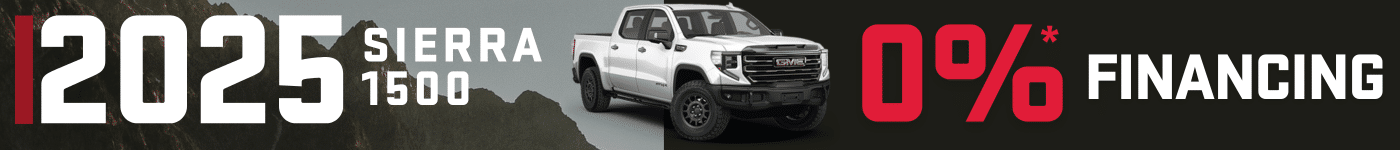 2025 GMC Sierra 1500 truck promotion featuring 0% financing option, set against a scenic mountain backdrop.