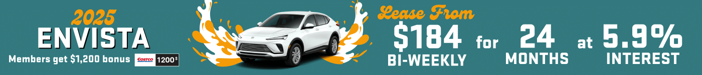 2025 Envista promotional banner showcasing a leased vehicle with pricing details. Lease starting at $184 bi-weekly for 24 months at an interest rate of 5.9%. Highlights a $1,200 bonus for Costco members.