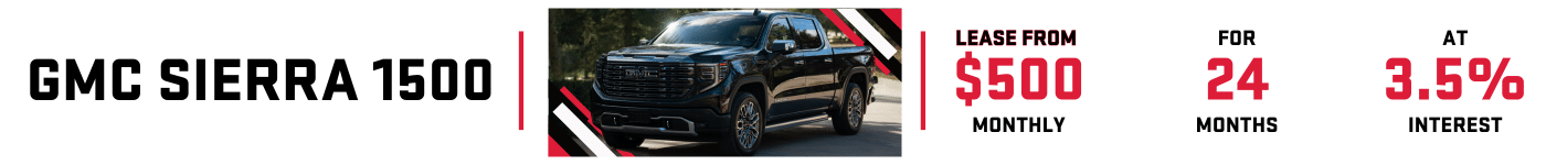 GMC Sierra 1500 advertisement featuring a sleek black truck with leasing options starting at $500 per month for 24 months at 3.5% interest.