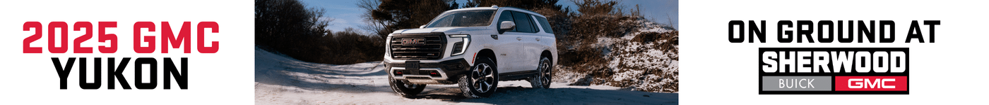 2025 GMC Yukon parked on snowy terrain, showcasing its rugged design and capabilities, featured at Sherwood Buick GMC dealership.
