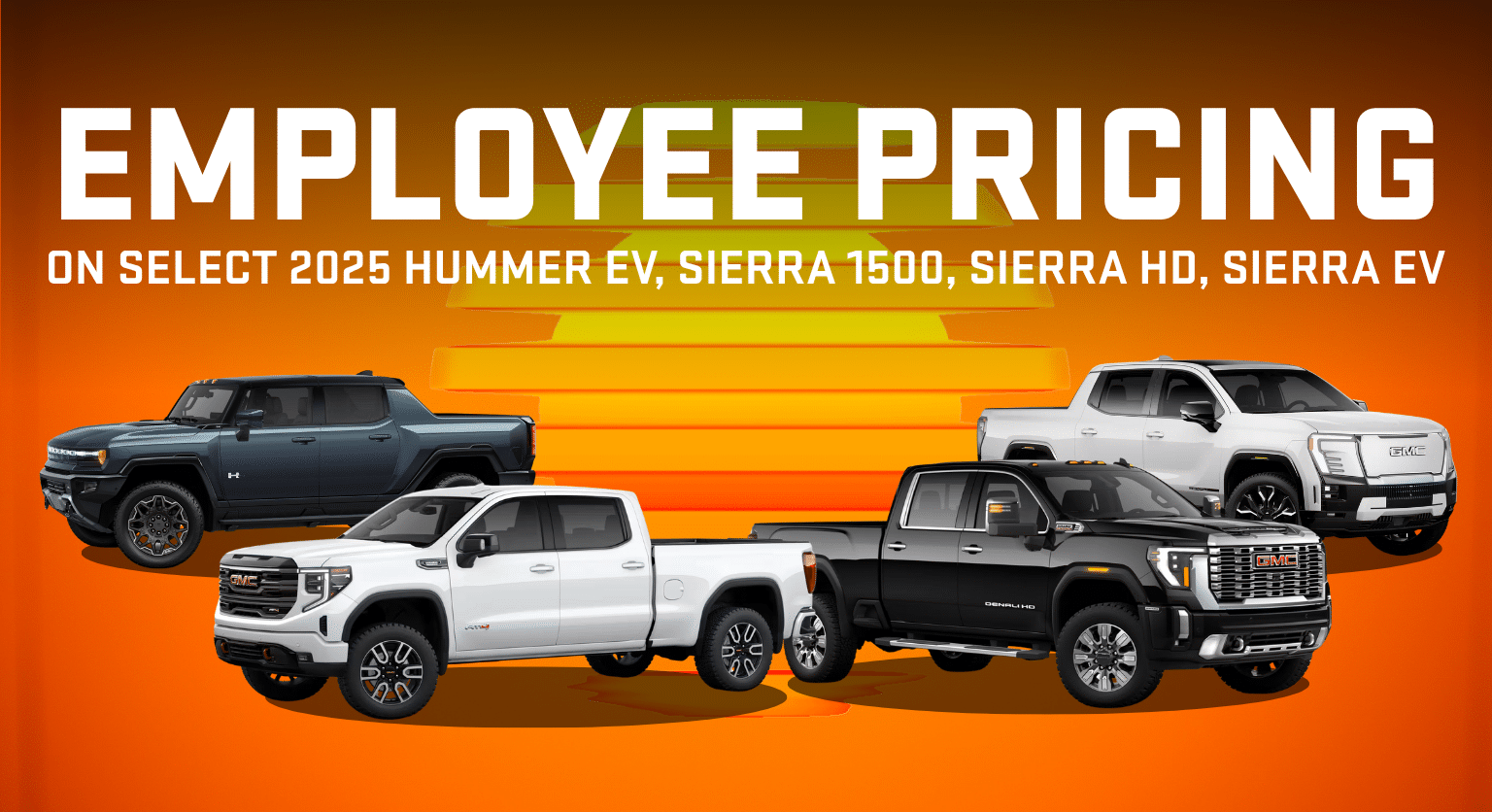 Employee pricing offer on 2025 Hummer EV, Sierra 1500, Sierra HD, Sierra EV with colorful truck images.