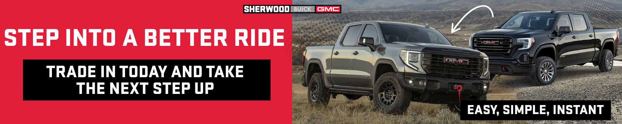 Promotional banner for Sherwood Buick GMC advertising the opportunity to trade or sell vehicles with tariff-free pricing, featuring a white GMC truck on the right.