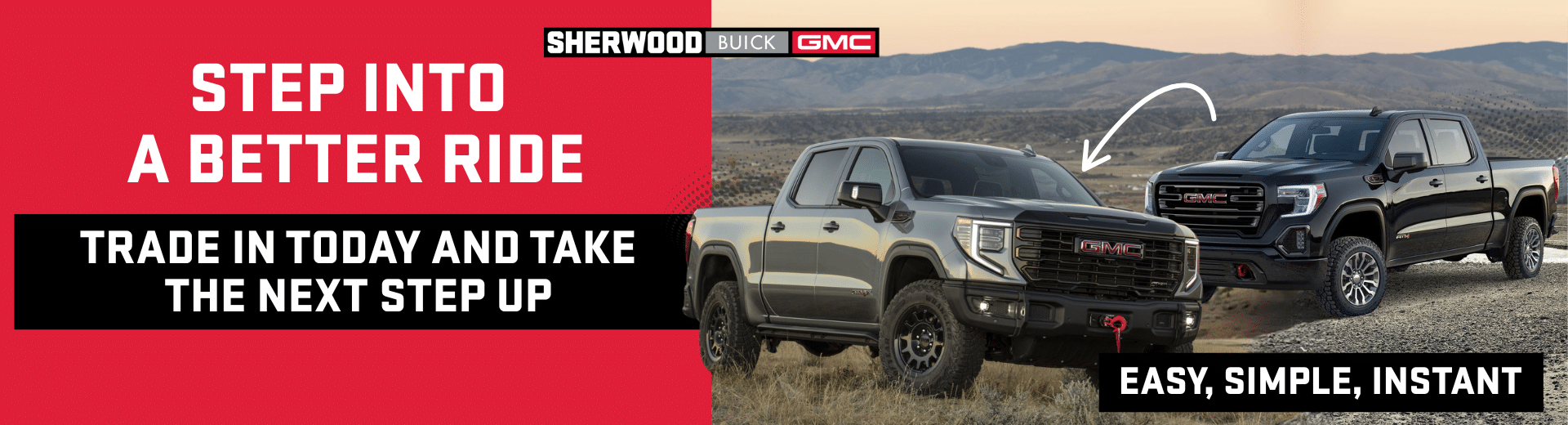 Promotional banner for Sherwood Buick GMC advertising the biggest sale ever, featuring a white GMC truck and highlighting trade or sell options with tariff-free pricing. Contact information and location provided.