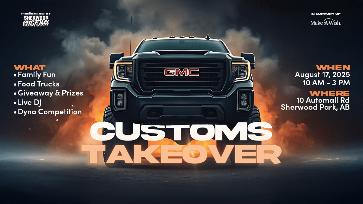 GMC truck in front of clouds promotes Customs Takeover event on August 17, 2025, Sherwood Park, AB. Family fun and food trucks.