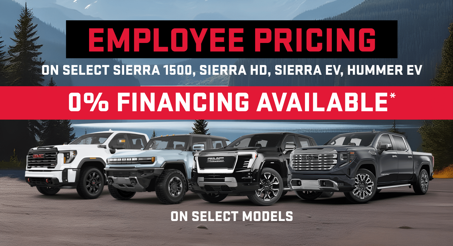 Employee pricing offer on Sierra and Hummer models with 0% financing, featuring several pickup trucks.