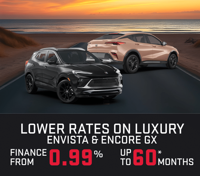 Luxury car finance offer: Black and bronze SUVs on a beach road at sunset. Rates from 0.99% up to 60 months.