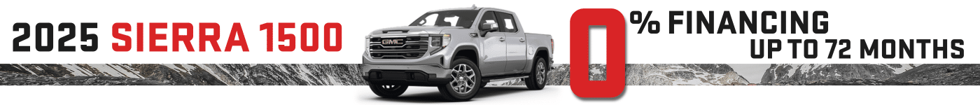 2025 GMC Sierra 1500 truck promotion featuring 0% financing option, set against a scenic mountain backdrop.